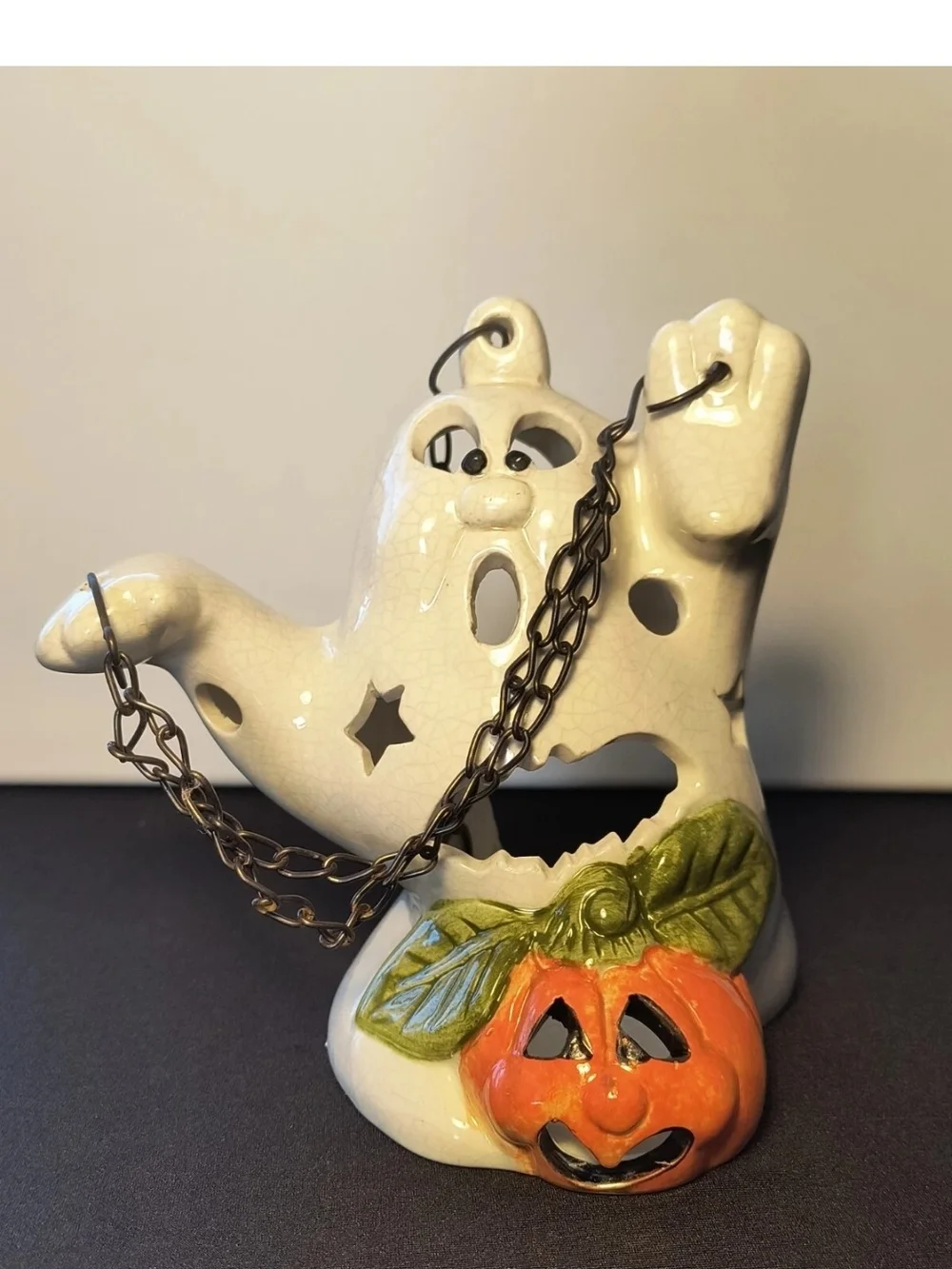 Ceramic Halloween Ghost Lantern with Orange Pumpkin Accent